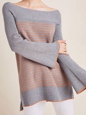Anthropologie Elise Gray Striped Sweater Tunic Off The Shoulder Bell Sleeve S